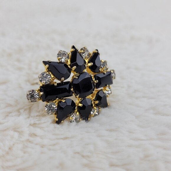 1950's Black and Clear Rhinestone Flower Pin - Picture 2 of 4